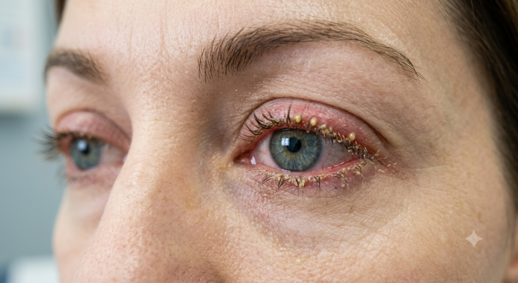 Why Is My Upper Eyelid Swollen? Close-up of an eye with upper eyelid swelling caused by irritation or infection.