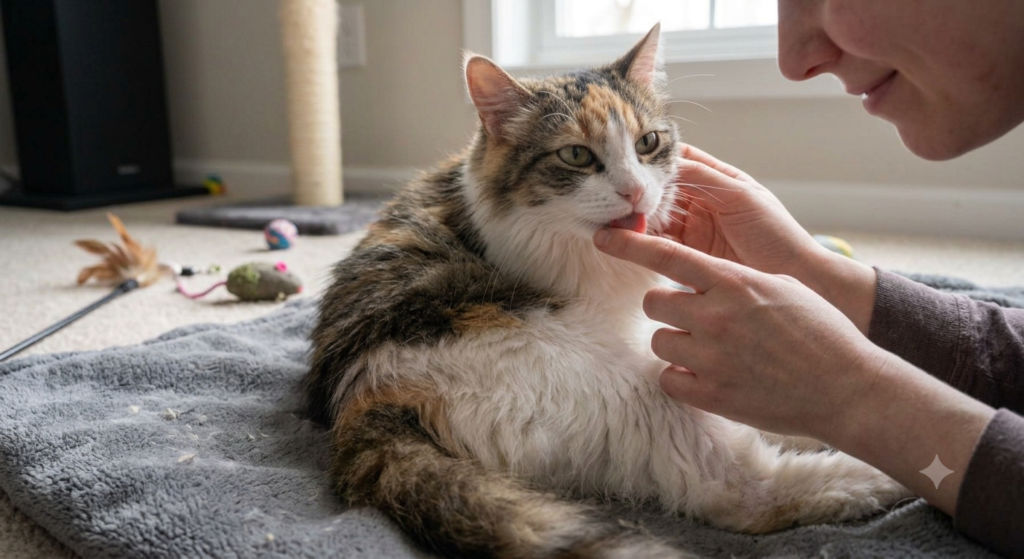 Why Does My Cat Lick Me? Adorable pet cat licking its owner's hand as a natural sign of affection, trust, grooming, and social bonding.