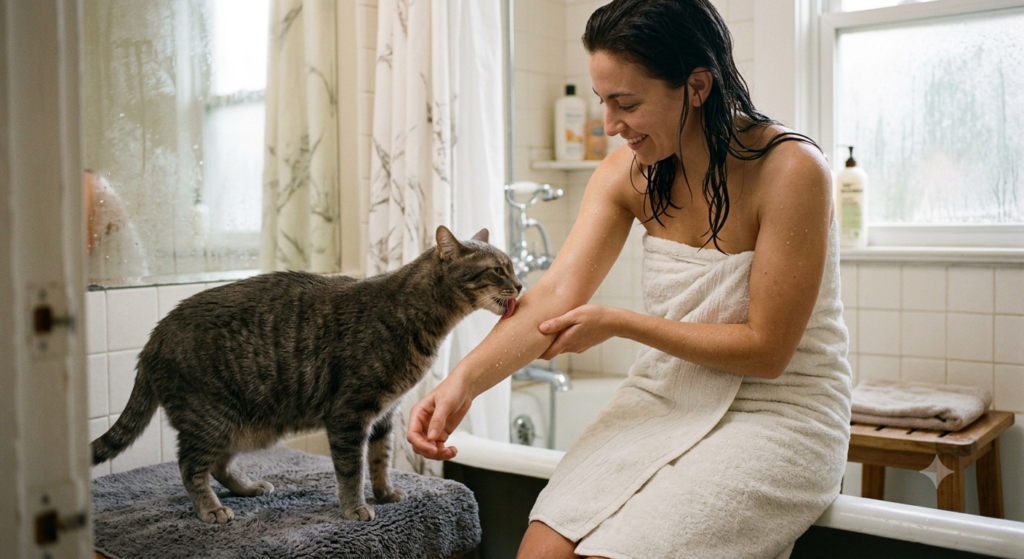 Why Does My Cat Lick Me? Happy indoor cat licking its owner's fingers to express affection, trust, comfort, and companionship.