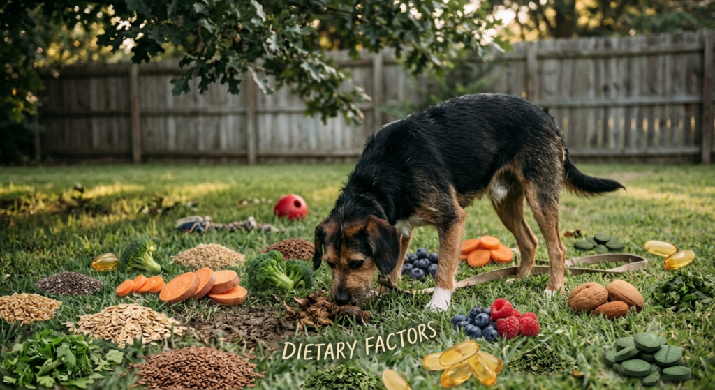 Why Do Dogs Eat Poop? Pet dog exhibiting coprophagia while owners learn about prevention and healthy behavior.