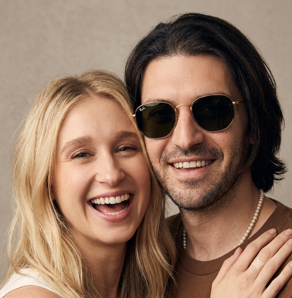 A close-up studio portrait of filmmaker Hadley Klein with his wife Taissa Farmiga smiling together against a neutral backdrop.