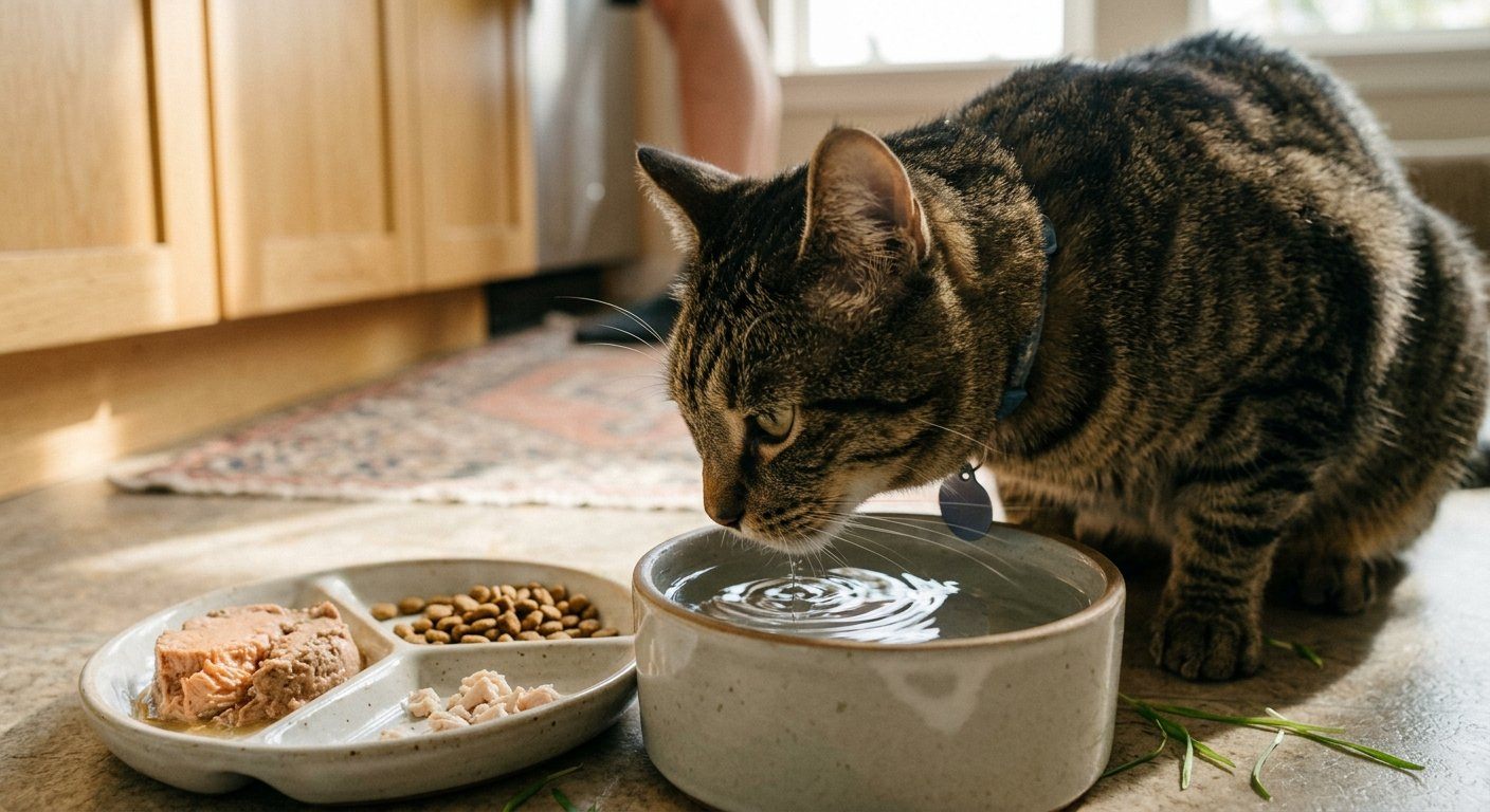 Domestic tabby male cat drinking so much water from a clean bowl in the kitchen.